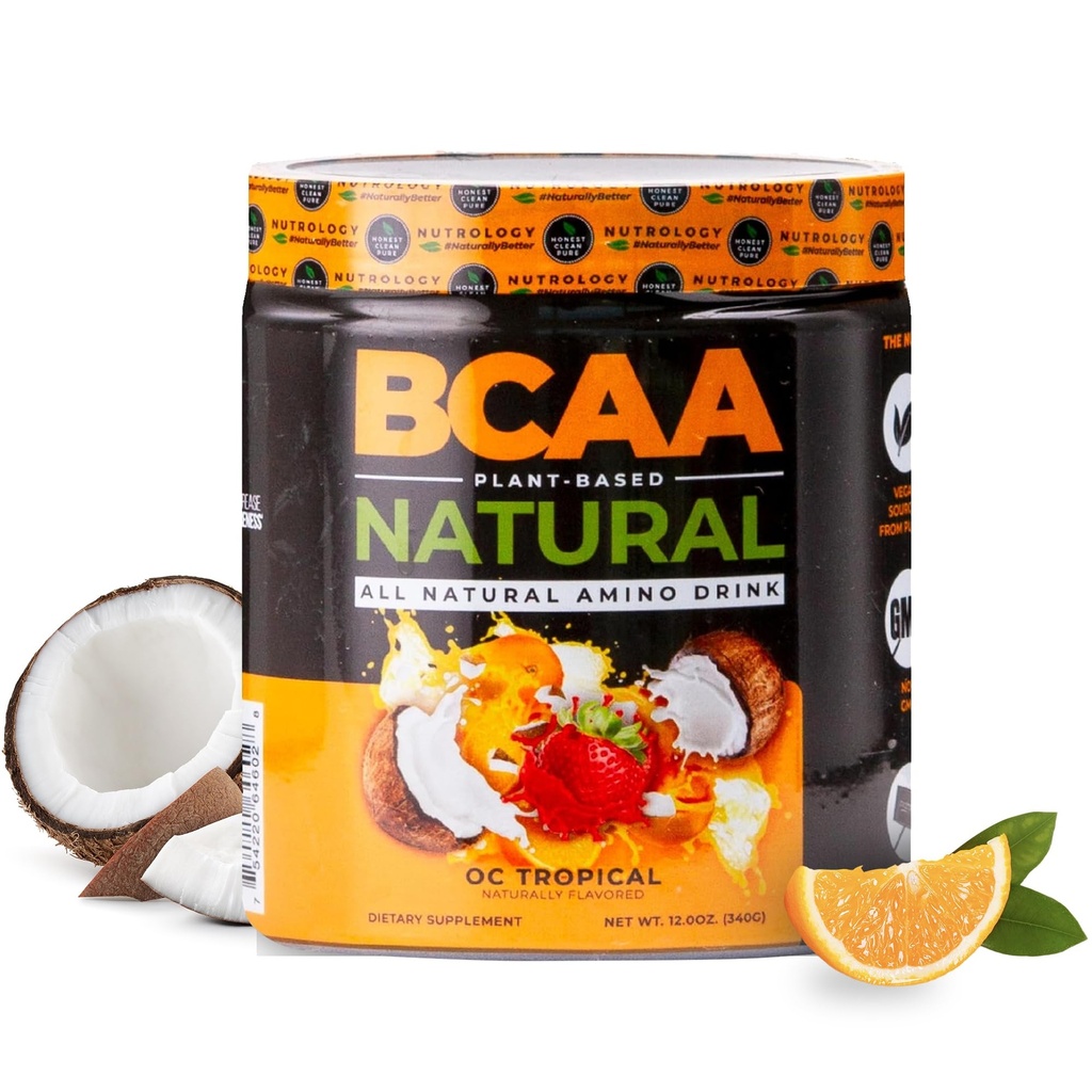 Nutrology BCAA 자연 - 식물 기반 BCAA 분말, 오렌지 코코넛 맛, 최적화 된 2 : 1 : 1 비율 아미노산 분말 사전 운동 및 포스트 운동 회복, 채식, 글루텐 프리, 비 GMO, 30 서빙