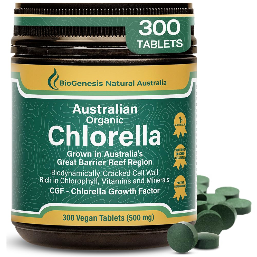 Biogenesis Organic Chlorella Tablets – 300 Count (500mg) | 호주 Grown | BioDynamic Cracked Cell Wall | 초록소, 비타민 및 미네랄이 풍부한 | Energy& Immunity 지원 | Vegan Tablet