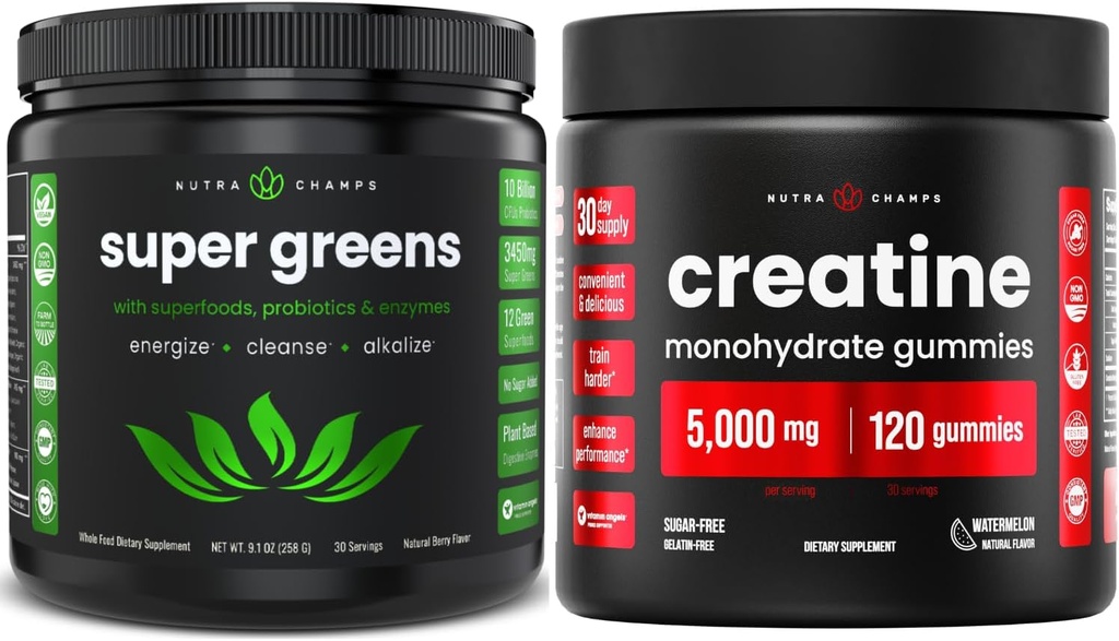 NutraChamps Complete Workout & Energy Bundle - 슈퍼 그린 & 크레아틴 구미.