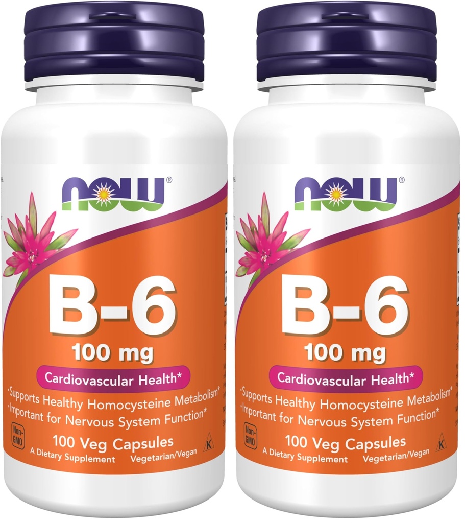 NOW 보충제, 비타민 B-6 (Pyridoxine HCl) 100 mg, 심장 혈관 건강 *, 100 Veg 캡슐 (팩 2)