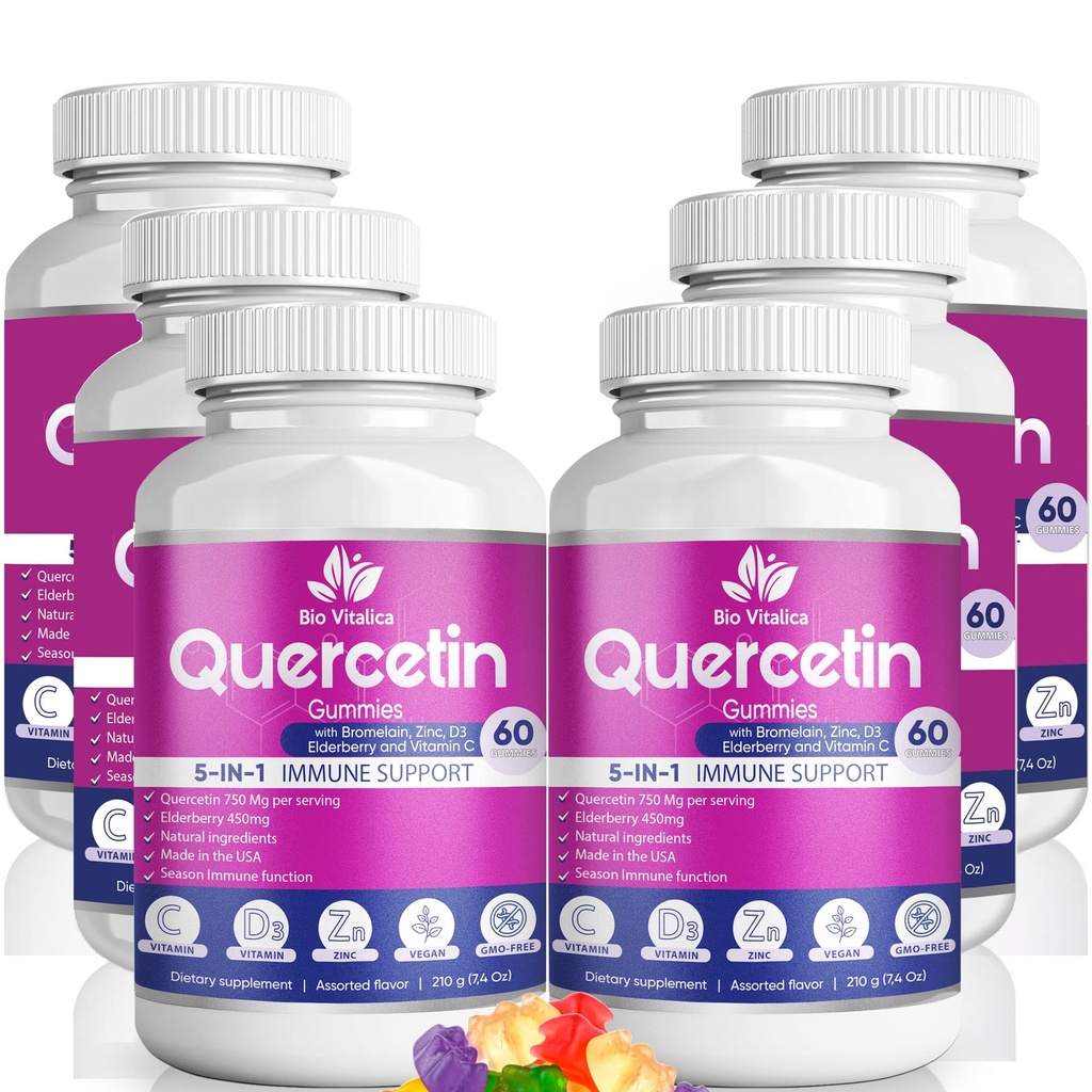 BioVitalica의 Quercetin Gummies - Bromelain 비타민 C와 아연 및 Elderberry + 비타민 D3-5 1 면역 지원 - 아연 Quercetin 750 mg 어린이와 성인 (6, Quercetin)