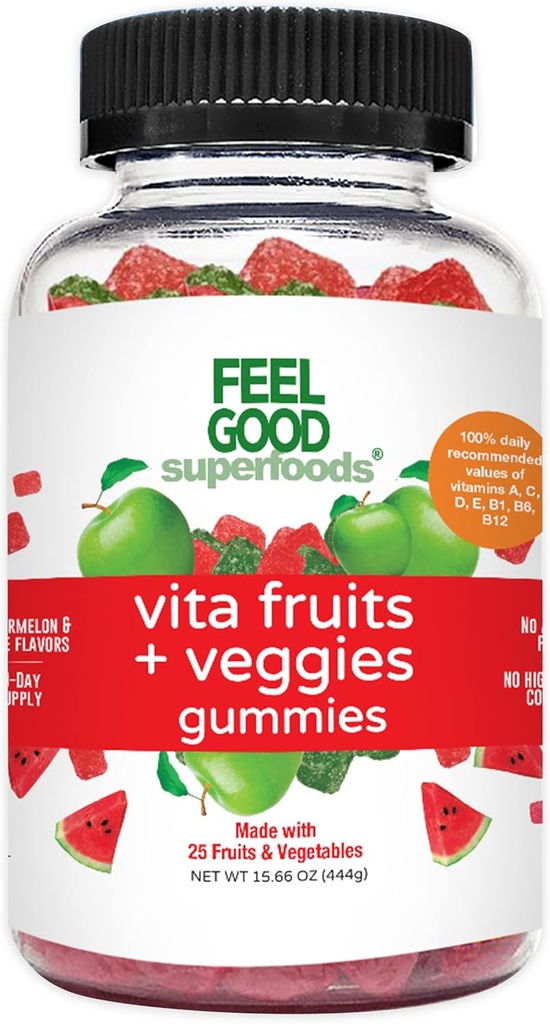 FeelGood Superfoods Vita Fruits and Veggies Supplements, Multivitamin Fruit and Vegetable Gummies, 25 과일 및 야채, 수박 및 사과 맛, Vegan, Non-GMO, 60 조사