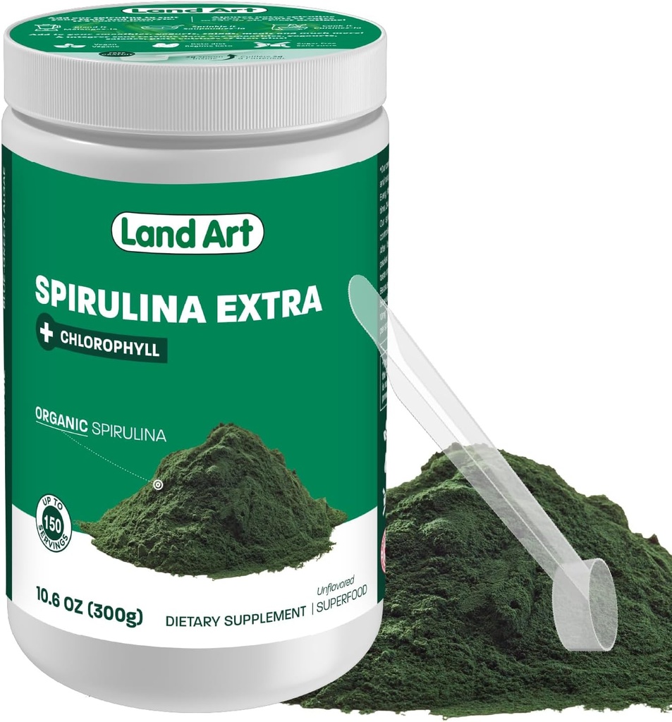 랜드 아트 인증 유기 신선한 Spirulina 추가 분말 300g - Bioavailable Chlorophyll 추가 개선 - Unflavoured - Clean Source - 3rd Party Tested - 내부 측정 Spoon