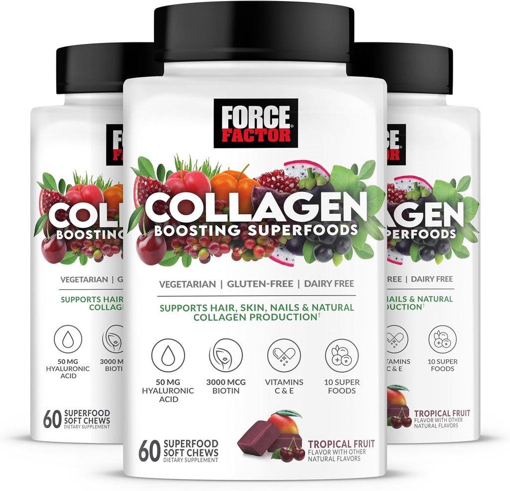 FORCE FACTOR Collagen은 Superfoods, Vegan Collagen Booster for Women, Biotin, Hyaluronic Acid 및 비타민 C, 모발, 피부, 손톱, & 관절 지원, 열대 과일, 180 Soft Chews, 3-Pack