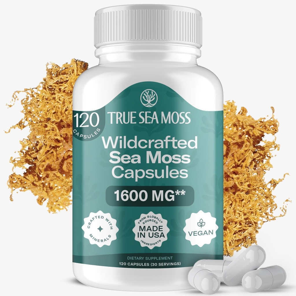 TrueSeaMoss Irish Sea Moss 캡슐 - 120 오리지널 캡슐 (1600mg) - Prebiotic Superfood - 부스트 면역 체계 - 건강한 피부, Keto Detox, Gut, 합동 지원