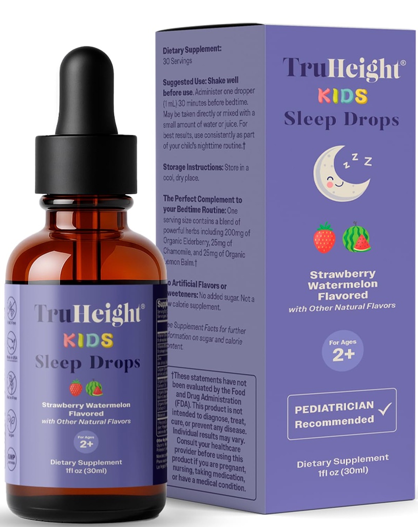 TruHeight Kids Sleep Tincture Ages 2+ (수박 맛) - 아기, 유아 및 어린이 자연 수면 보조 - 아기, 유아, 아동 멜라토닌 2 세 이상 - 비타민 B6, 리보플라빈, 아연, 구리, 레몬 발름