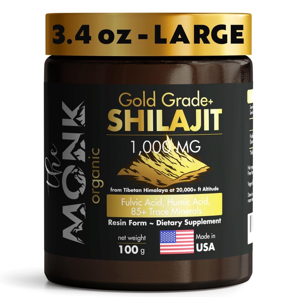Fulvic Acid, Humic Acid, 85 + Minerals- Gold Grade Plus - 100g, 1000mg Per 서빙 - 에너지, 체력, 뇌 지원 - 미국에서 만든 유기 Himalayan Shilajit 수지