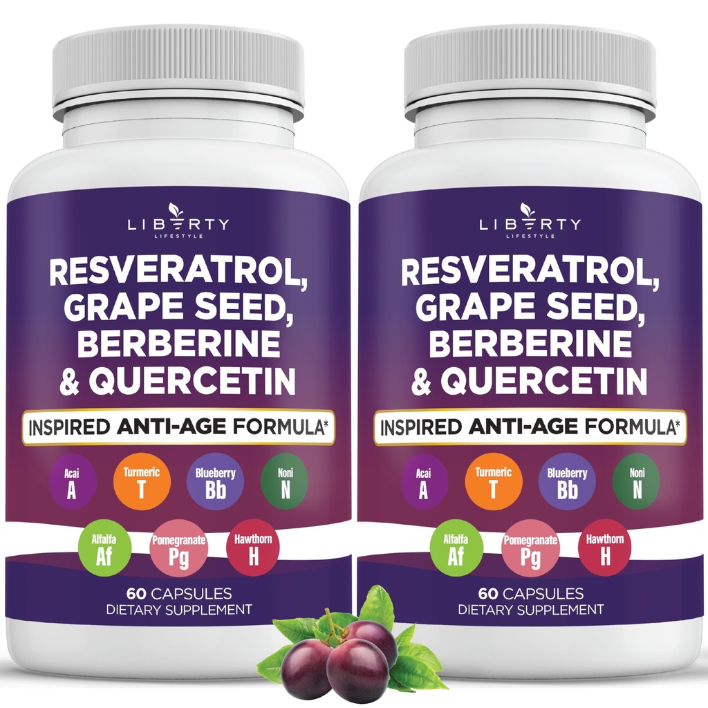 Resveratrol, Berberine, 포도씨 추출물, Quercetin, Noni 추출물, N-Acetyl Cysteine, Acai 추출물을 가진 여자와 남자를 위한 Polyphenol 보충교재 - 2-Pack