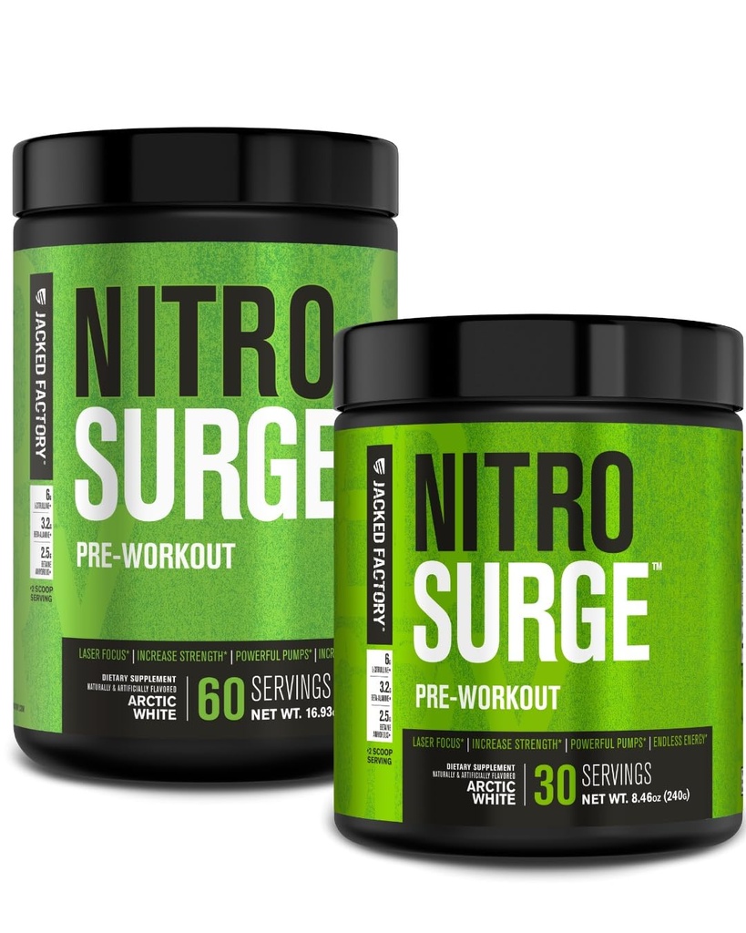 Jacked Factory NITROSURGE Pre Workout Supplement - Endless Energy, Instant Strength Gains, Clear Focus, Intense Pumps - NO 부스터 및 강력한 Preworkout Energy Powder - 90 서빙, Arctic White