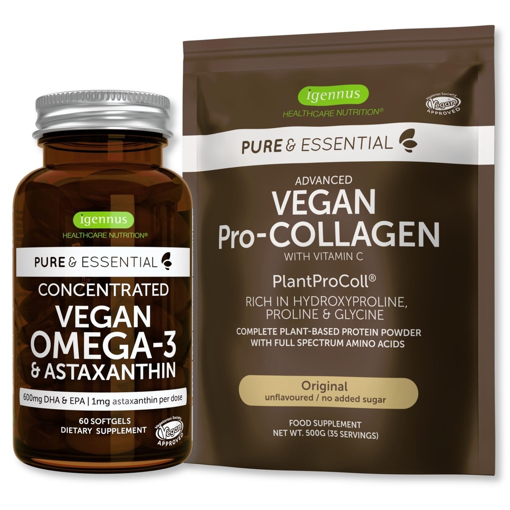 Pure & Essential Vegan Collagen 펩티드 단백질 분말 & Vegan Omega 3 뭉치, Igennus에 의하여 완전한 교원질 밀어주는 공식 & Sustainable 조류 기름 1340mg,