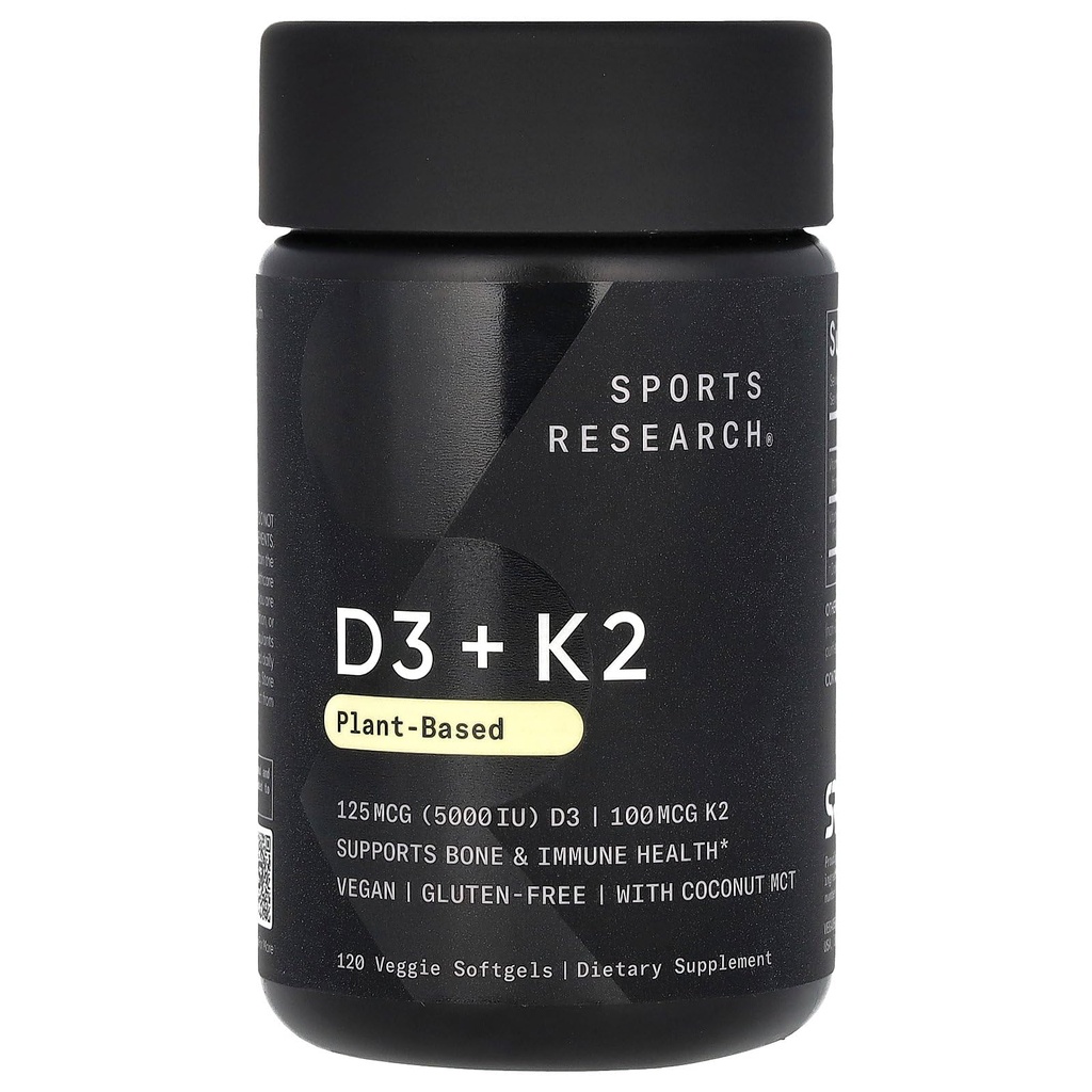 K2 Softgels와 스포츠 연구 비타민 D3 - 코코넛 MCT 오일이있는 식물 기반 K2 및 Vegan D3 5000iu - Vegan 인증, Soy & Gluten 무료 - 120 카운트