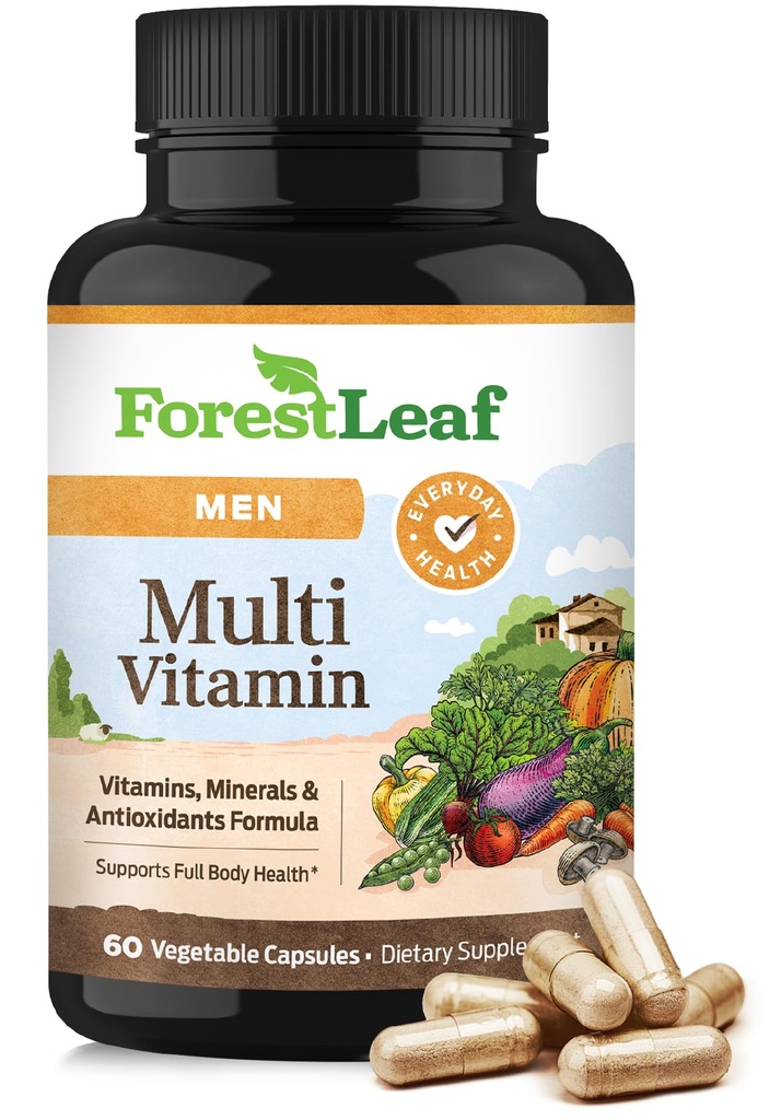 ForestLeaf Daily Vitamin Multivitamin for Men, Multi-Vitamin for Men - Mens Multivitamins & Multiminerals 보충 | 건강, 장수 및 에너지에 필요한 모든 필수 비타민 | 60 Veg Caps