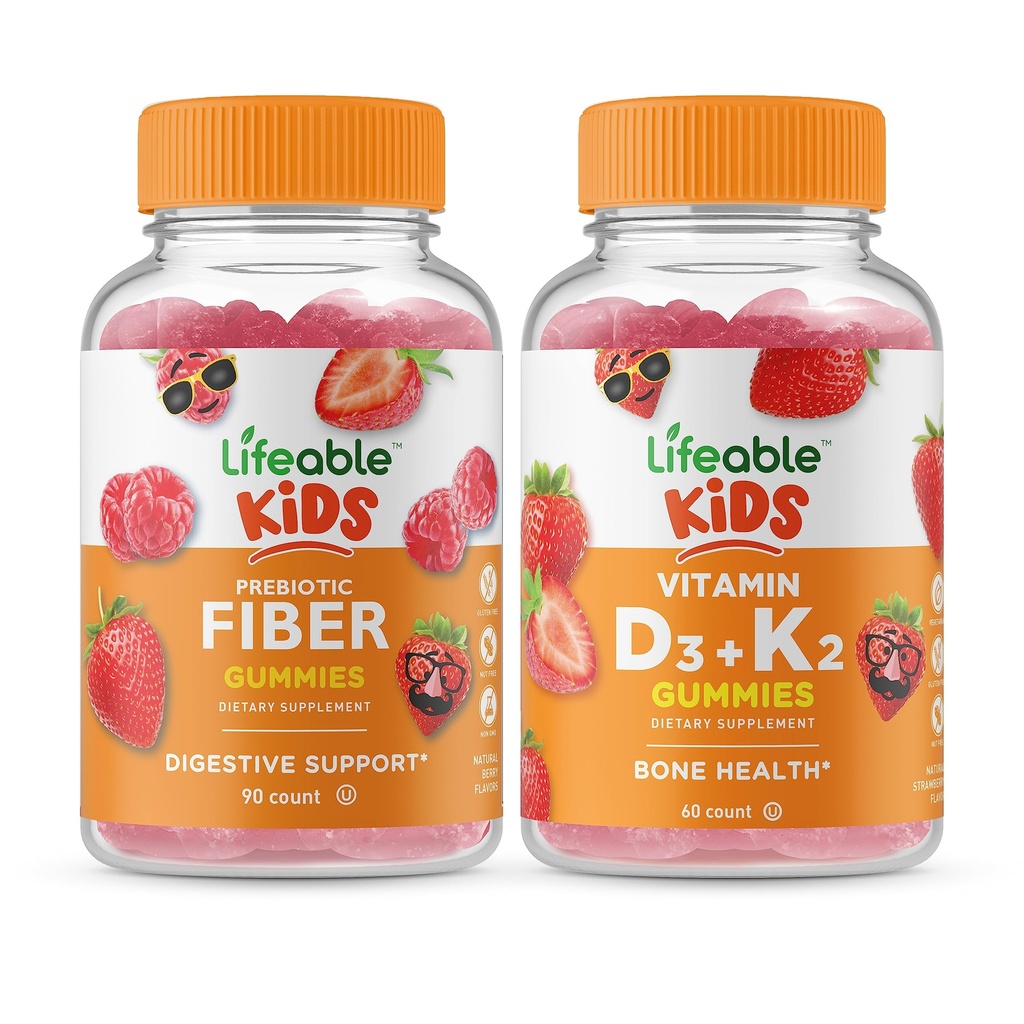 Lifeable Prebiotic 섬유 아이 + 비타민 D3 + 비타민 K2 아이, Gummies 번들 - 훌륭한 타스팅, 비타민 보충, 글루텐 무료, GMO 무료, Chewable Gummy