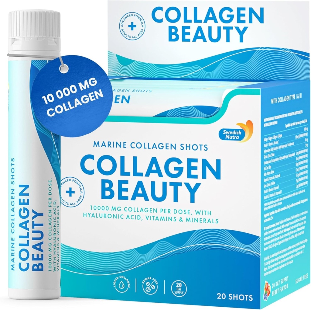 Swedish Nutra - Collagen Beauty | 10,000 mg Hydrolyzed Marine Collagen Liquid Supplement - 20 x 25 ml 일일 샷 | Hyaluronic Acid and Vitamin C to Support Healthy Hair, Skin, Nails | Sugar-Free