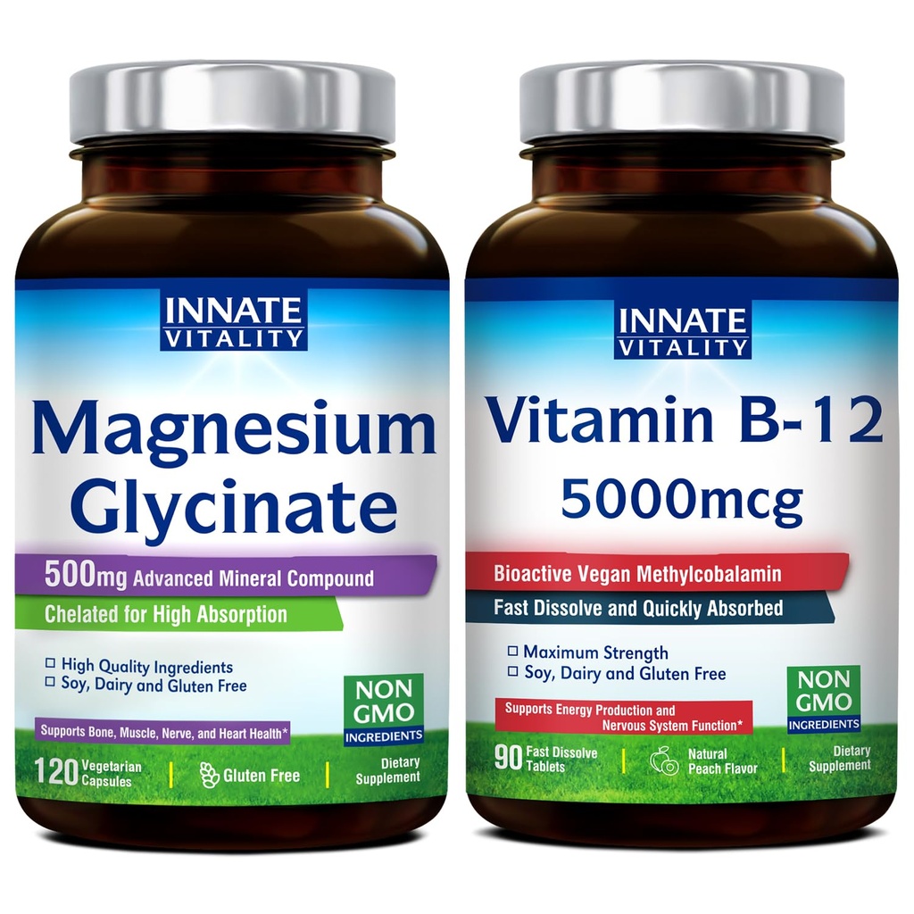 Innate Vitality Magnesium Glycinate & 비타민 B12 번들, 글루텐 없음 & Vegan, 마그네슘 (120 모자) & 비타민 B12 (90 빠른 용해 탭), 가치 팩, 번들 & 저장