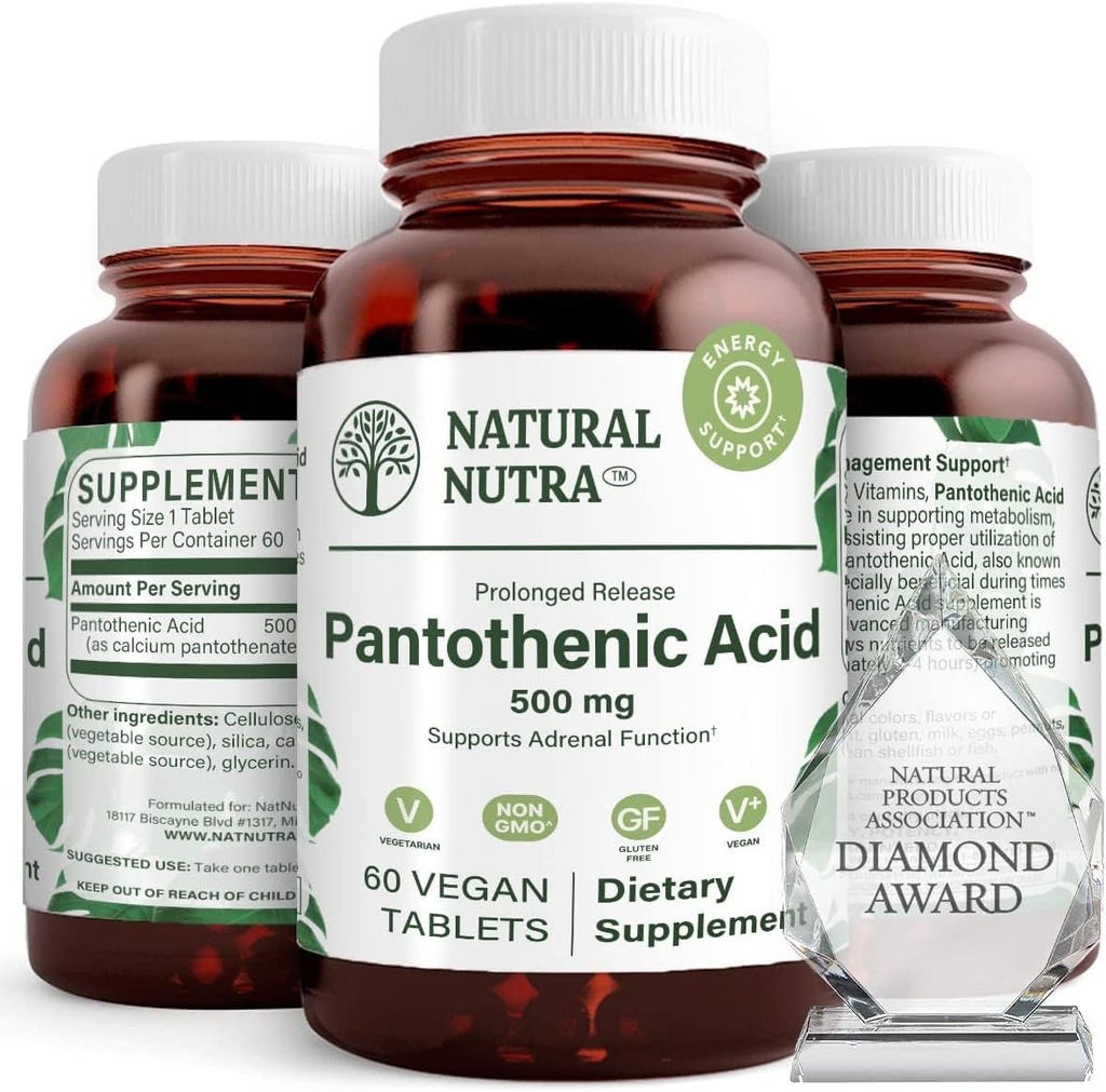 자연적인 Nutra 시간 방출 Pantothenic 산 500 mg의 비타민 B5 보충교재 도움은 뚱뚱한과 탄수화물, 대사 및 에너지, 근육 건강을 개량하고, 60 채식주의자 정제 (3 팩)를 끊습니다
