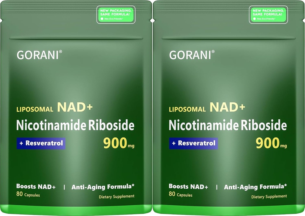 Gorani NAD + 보충 900MG - Nicotinamide Riboside, Liposomal Resveratrol & Quercetin - 셀룰러 에너지 및 산화 방지제 건강 지원 - 80 캡슐