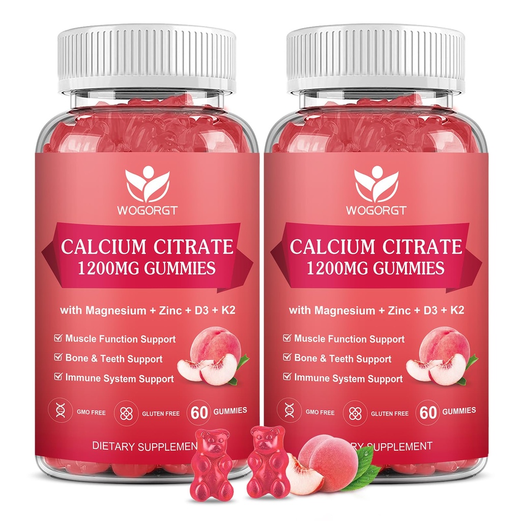 비타민 D3, K2를 가진 칼슘 구연산염 1200mg Gummies - 뼈, 이, 여성 & 남자, 복숭아 풍미-60 Gummies를 위한 면역성이 있는 칼슘 마그네슘 아연 d3 보충교재