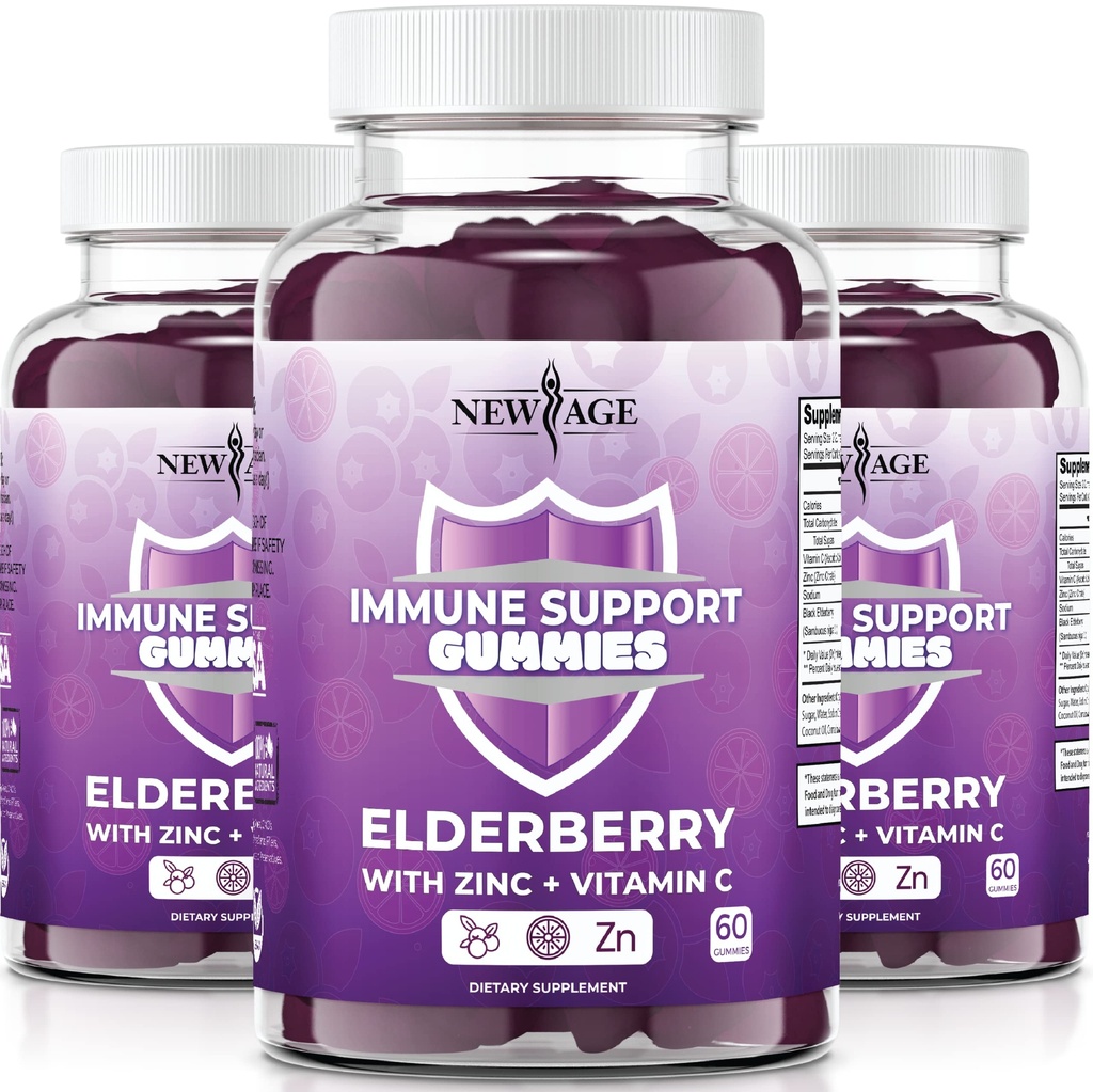 NEW AGE Immune System Support Gummies - 비타민 C 및 아연이있는 Sambucus Black Elderberry Gummies ( 면역 지원 180 Gummies)