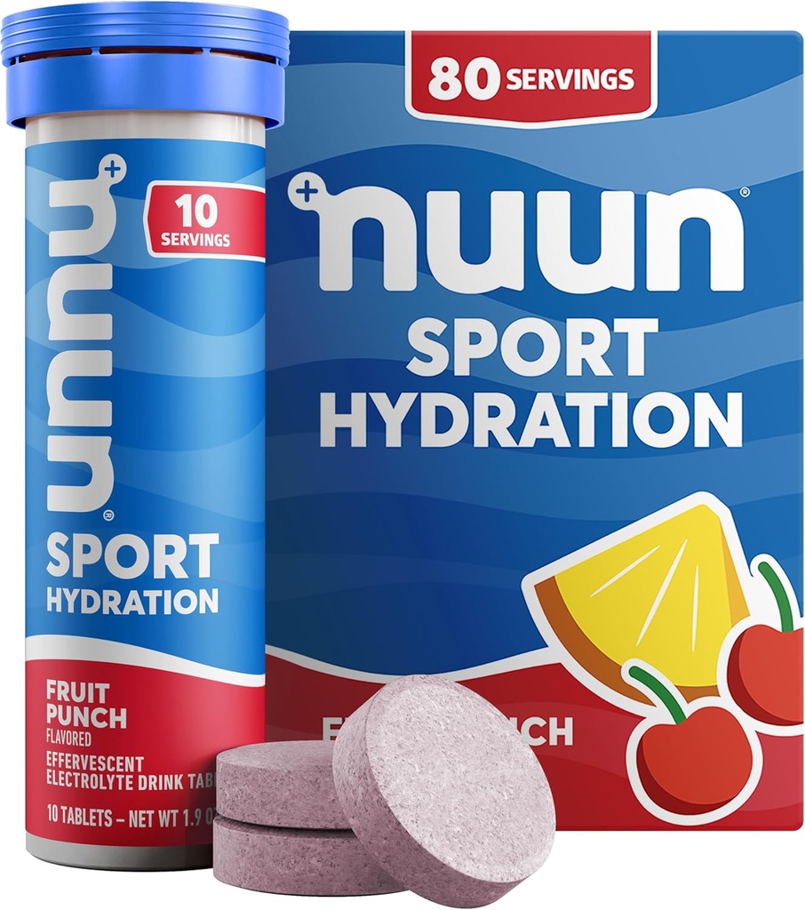 Nuun 스포츠 마그네슘, 칼슘, 칼륨, 염화물 및 나트륨, 글루텐 무료 및 채식, 과일 펀치, 8 팩 (80 서빙 총)와 전자 정제