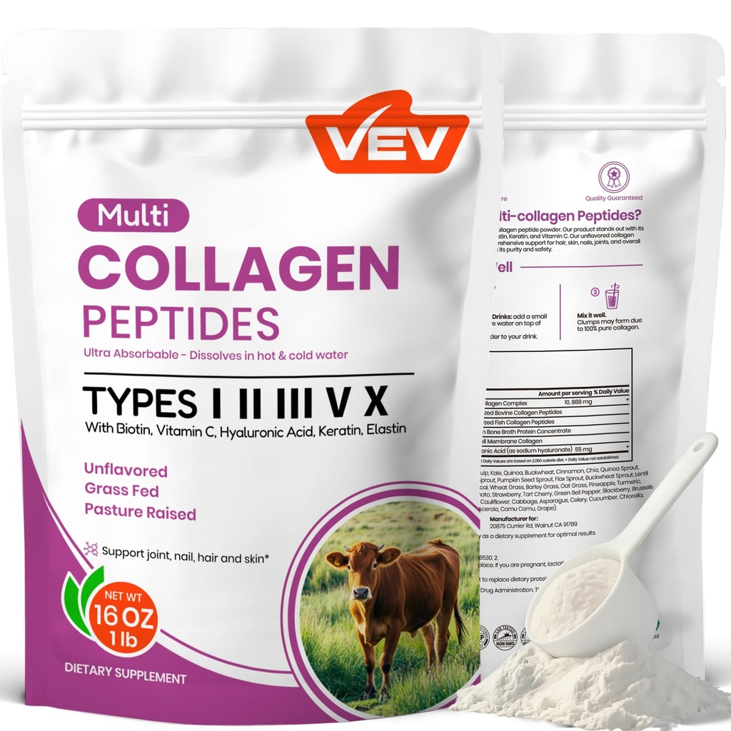 VEV 멀티 콜라겐 펩타이드 분말, 16 온스 (41 서빙) - 유형 I, II, III, V, X, Hydrolyzed Collagen, Hyaluronic 산 힘, Biotin, 비타민 C, 지원 피부, 불연, 쉽게 용해