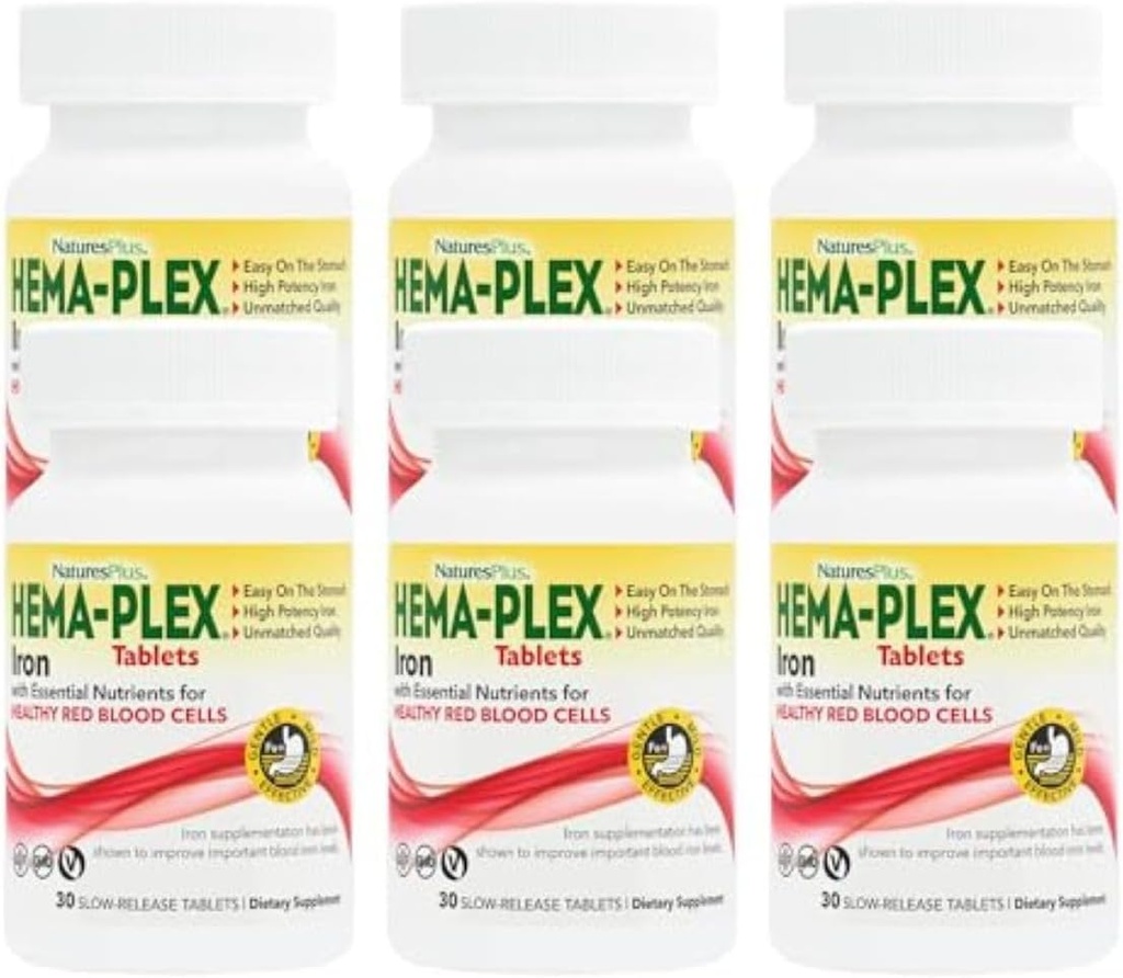NaturesPlus Hema-Plex Iron - 30 Sustained Release Tablets, 6-85 mg Elemental Iron - 총 혈액 건강 - 비타민 C 및 Bioflavonoids - Vegan, 글루텐 무료 - 180 총 서빙