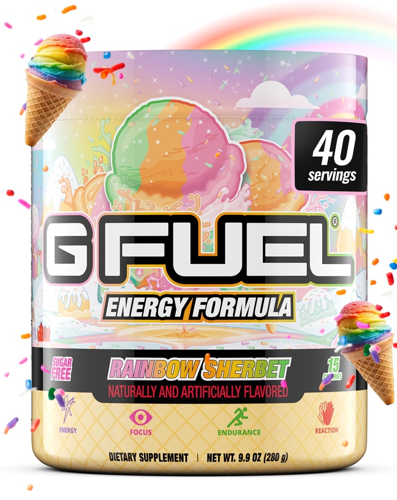 G Fuel Rainbow Sherbet Energy Drink Powder, 게임을위한 사전 운동 카페 믹스, 설탕 무료 초점 아미노산, 비타민 + 산화 방지제, 9.9oz (Rainbow Sherbet, 40 서빙)
