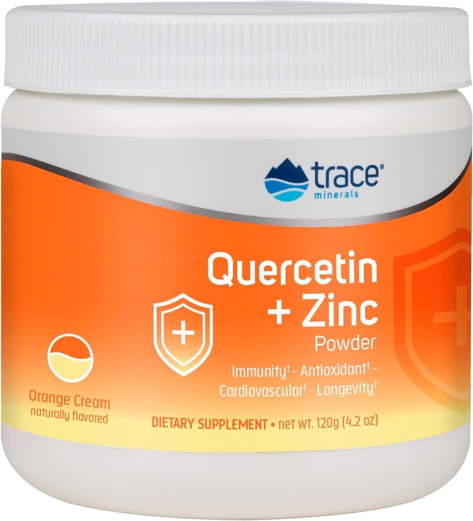 Trace Minerals Quercetin Plus 아연 분말 - 면역 지원을위한 항산화 보충 - 미네랄 보충 보조 심장 혈관 건강 - 비타민 C & Ionic 포함 - 오렌지 크림, 120g (30 인분)