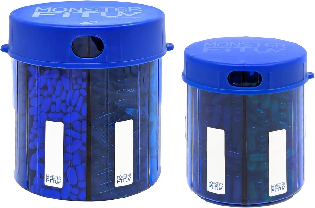 Monster Supplement Medication Pill 분배기 Compartment Labels - 추가 대형 알약 용기 병은 거의 모든 보충을 취급합니다 - Dispense (Monster Blue & Monster Jr. Blue)
