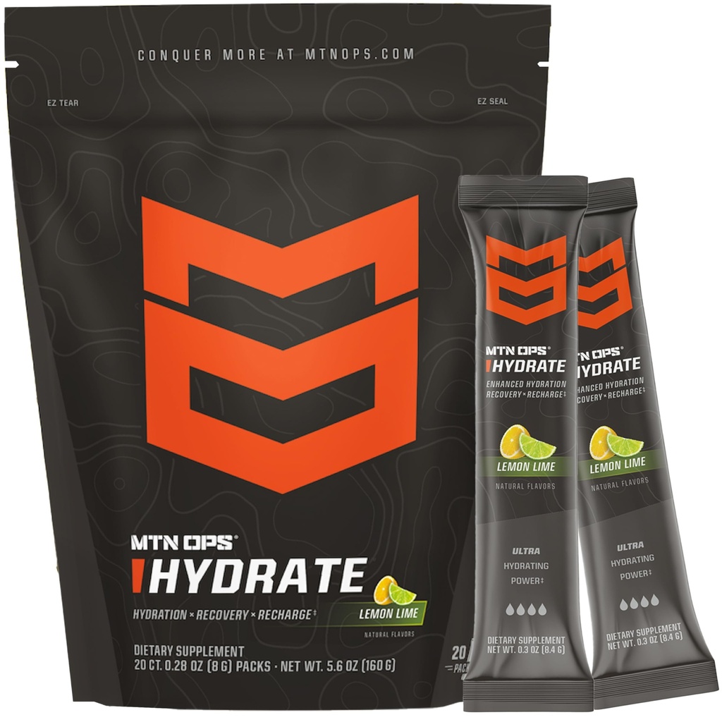 MTN OPS Hydrate 전해질 분말 음료 혼합, 20 단일 서빙 온-고 전해질 팩 1000mg 이상 서빙, 레몬 라임