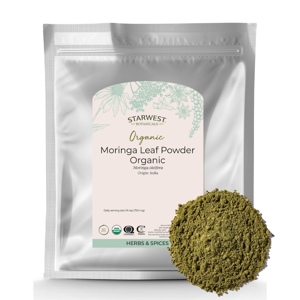 Starwest Botanicals 유기 Moringa 잎 분말 - 차, 캡슐, 주스, & Smoothies, 산화 방지제의 자연적인 근원, 증명된 Kosher, 비 GMO - 대량 1 lb 부대를 위한 녹색 Superfood 분말