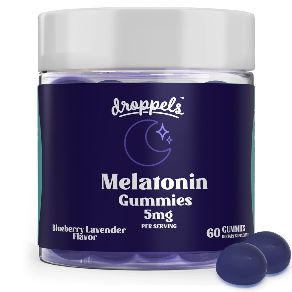 Droppels Melatonin Gummies, 5mg - 식물 기반, Chamomile 추출물, 60 카운트, 블루 베리 맛 (1 개월 공급)과 천연 수면 지원을위한 Vegan Melatonin 5mg