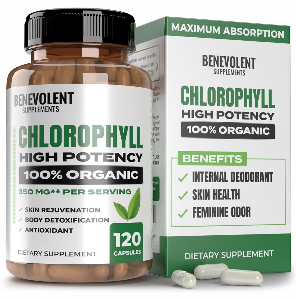 Benevolent Chlorophyll 캡슐 350mg - 에너지 부스트, 면역 지원, 내부 탈취제, 피부 건강, 비 GMO, 120 캡슐에 대한 100 % 천연 + Ultra Chlorophyll 20x 효능 농도