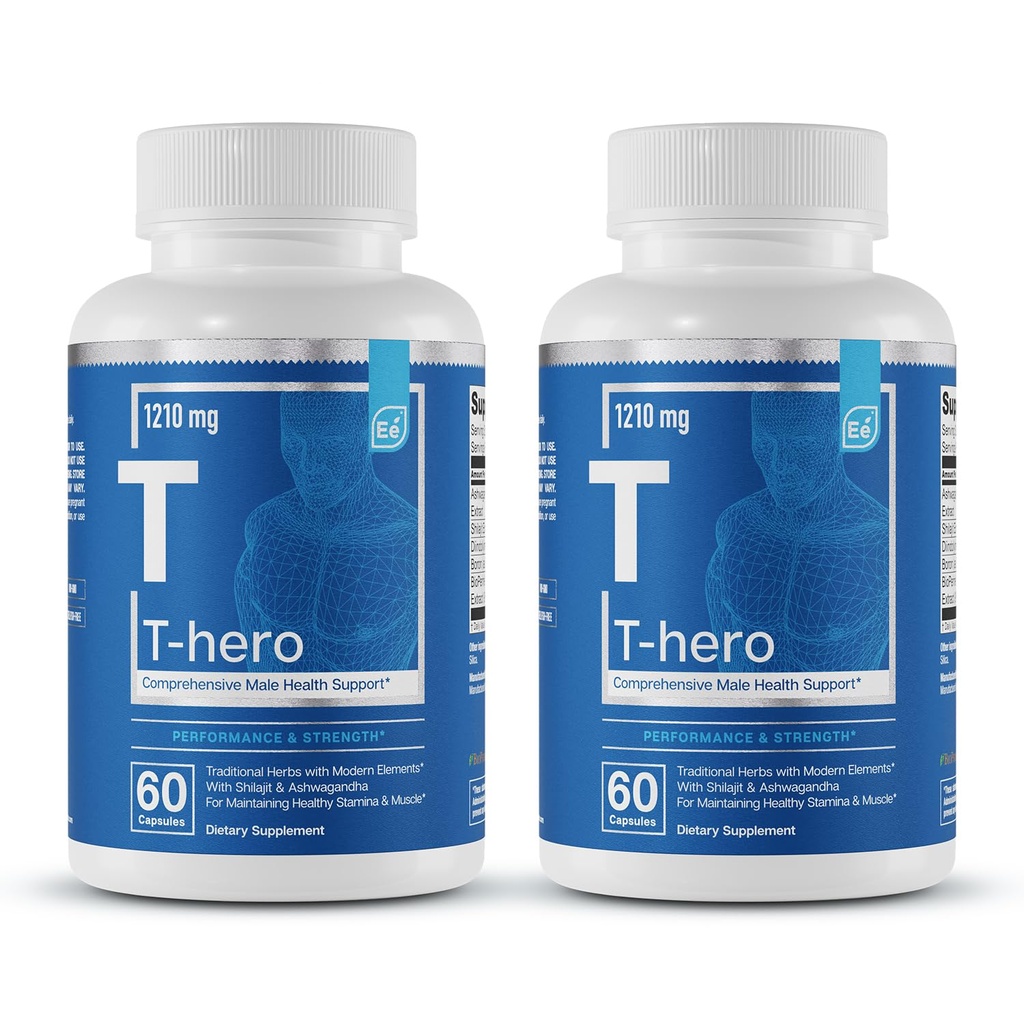 Essential Elements T-Hero - 남성을위한 일일 테스토스테론 지원 - Vitality & Drive - Ashwagandha, Shilajit, Boron, DIM - 60 카운트 - 30 서빙 (2 팩)