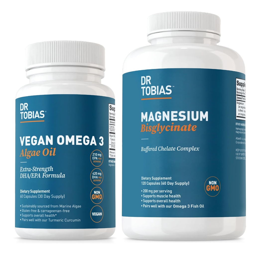 Dr. Tobias Vegan Omega 3 조류 오일 및 마그네슘 Bisglycinate, 심장, 뇌, 근육 및 뼈 건강, 비 GMO, Vegan에 대한 필수 웰빙 지원