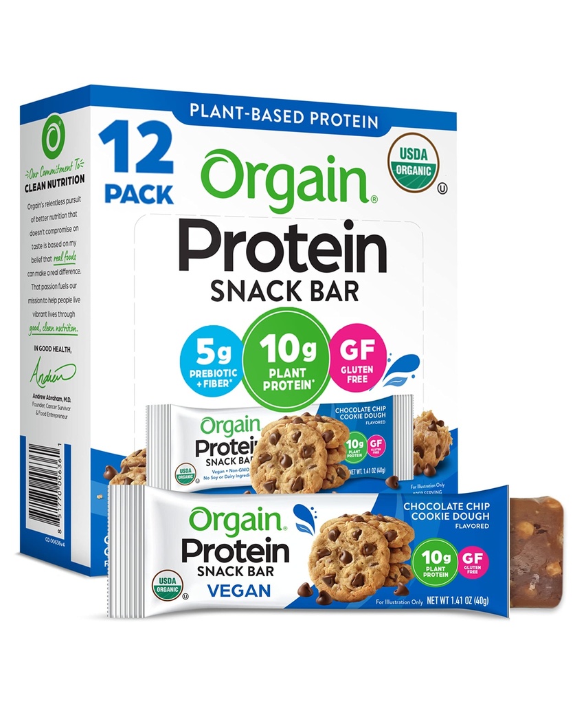 Orgain Organic Vegan Protein Bar, 초콜릿 칩 쿠키 반죽 - 10g 공장 기반 단백질, 낮은 칼로리 건강한 스낵, Lactose 또는 Soy 성분 없음, 글루텐 무료, 비 GMO - 1.41 Oz (12 포장)