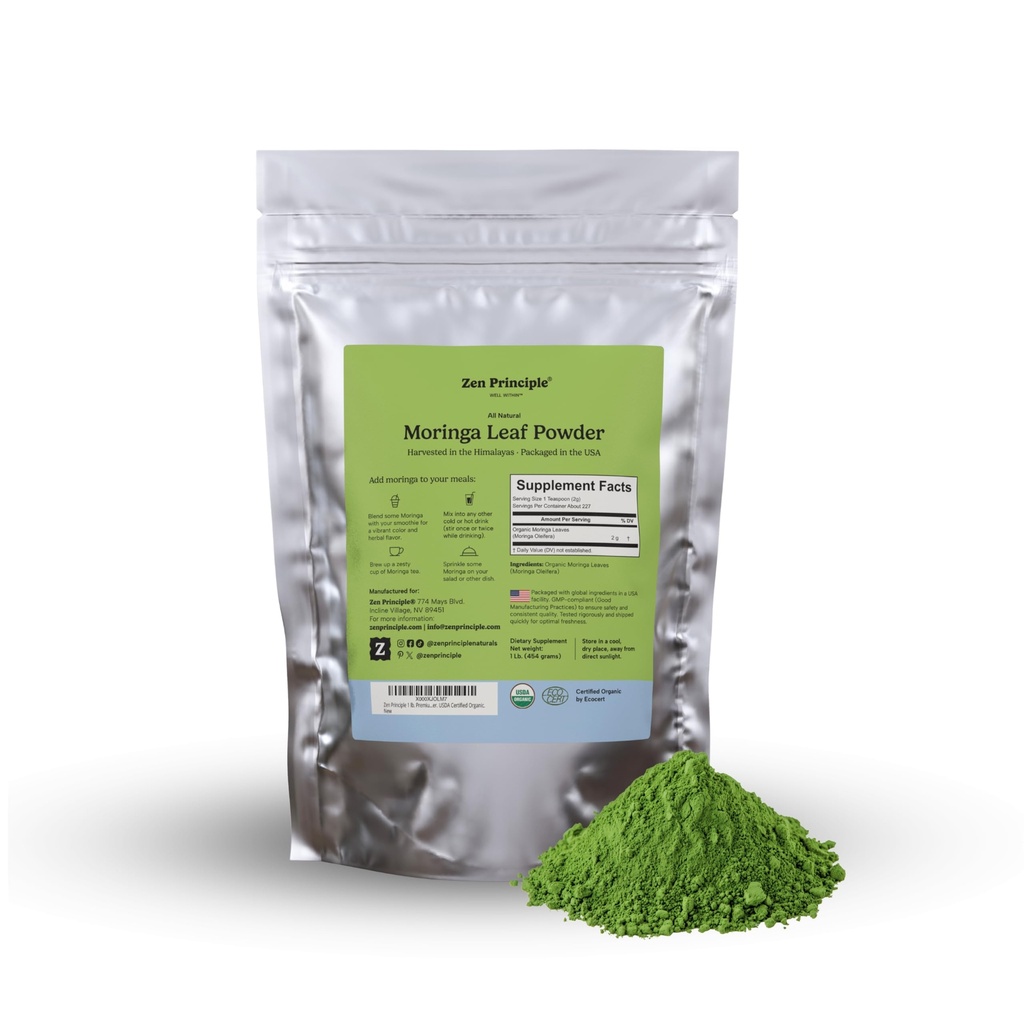 Zen Principle 1 lb. 프리미엄 유기 Moringa Oleifera 잎 분말. USDA 인증 유기.