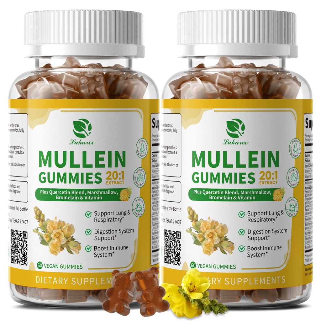 (2 팩) 붕 Cleanse & Detox, 여분 힘 Mullein 잎 추출물 w/Quercetin, Bromelain, Elderberry & Respiratory, Immune & Digestive, Vegan, 120 조사를 위한 Marshmallow를 위한 1개의 Mullein Gummies에서 9