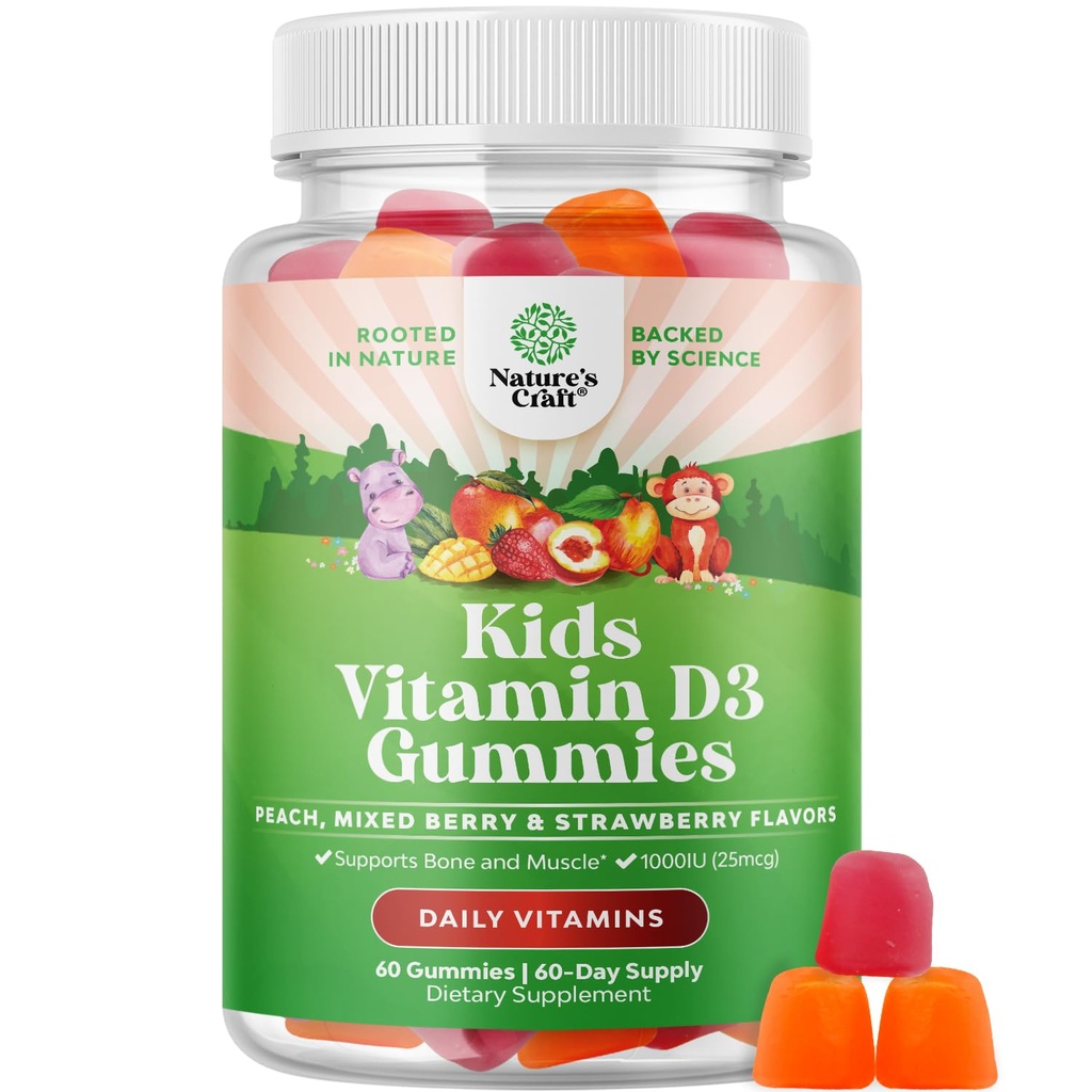 아이들을위한 Chewable 비타민 D Gummies - 맛있는 어린이 비타민 D 1000 IU 및 유아 면역 지원 플러스 근육 치아와 뼈 건강 - 젤라틴 무료 과일 맛