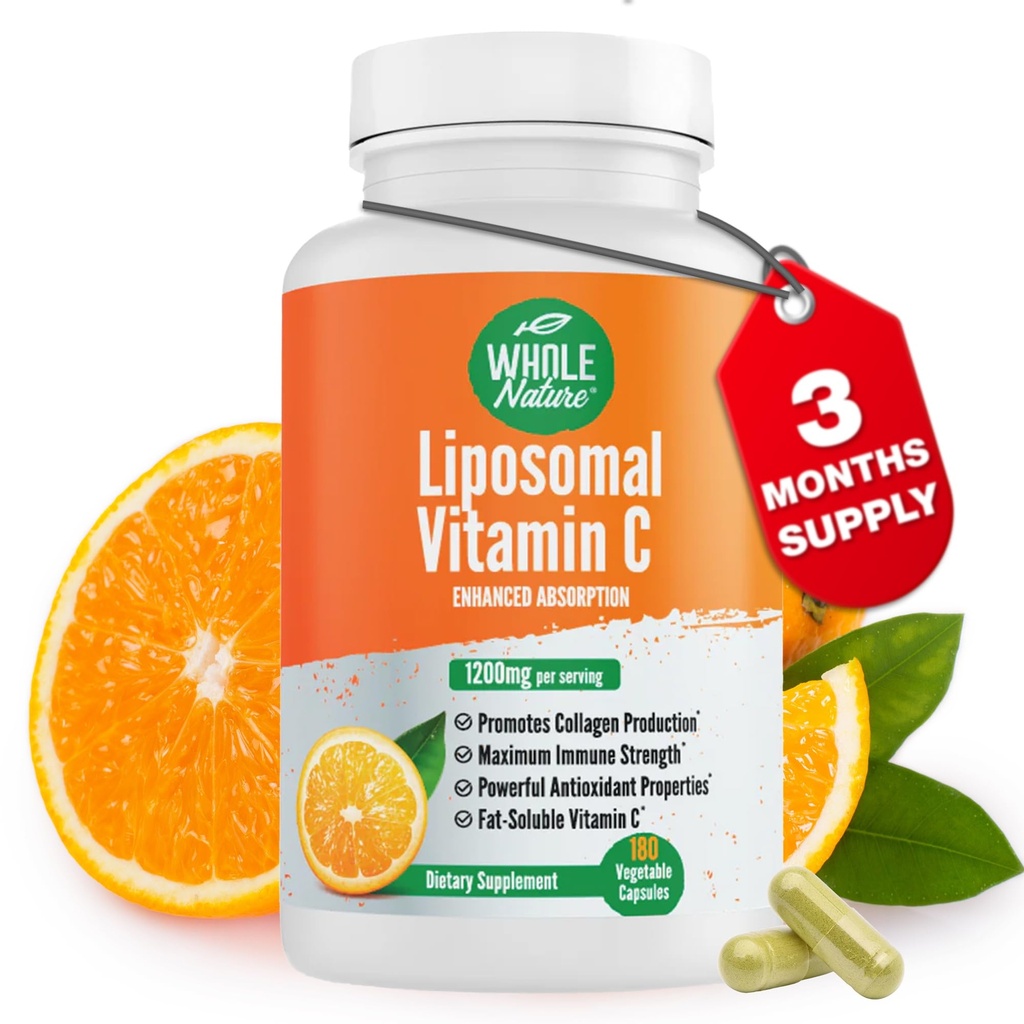 Liposomal 비타민 C 보충교재 알약 1200 mg - 높은 흡수 180 Vegan 캡슐 뚱뚱한 수용성 VIT C, 최대 힘 면역 체계 및 교원질 승압기, 해바라기 Lecithin
