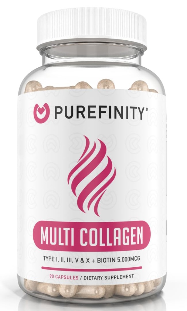 여성을위한 PUREFINITY 콜라겐 펩타이드 - 유형 I, II, III, V & X Biotin & Hyaluronic 산, 건강한 피부, 뼈, 헤어 & 손톱 지원 - 비 GMO, 잔디 볶음 (90 캡슐, 1 개월 공급)
