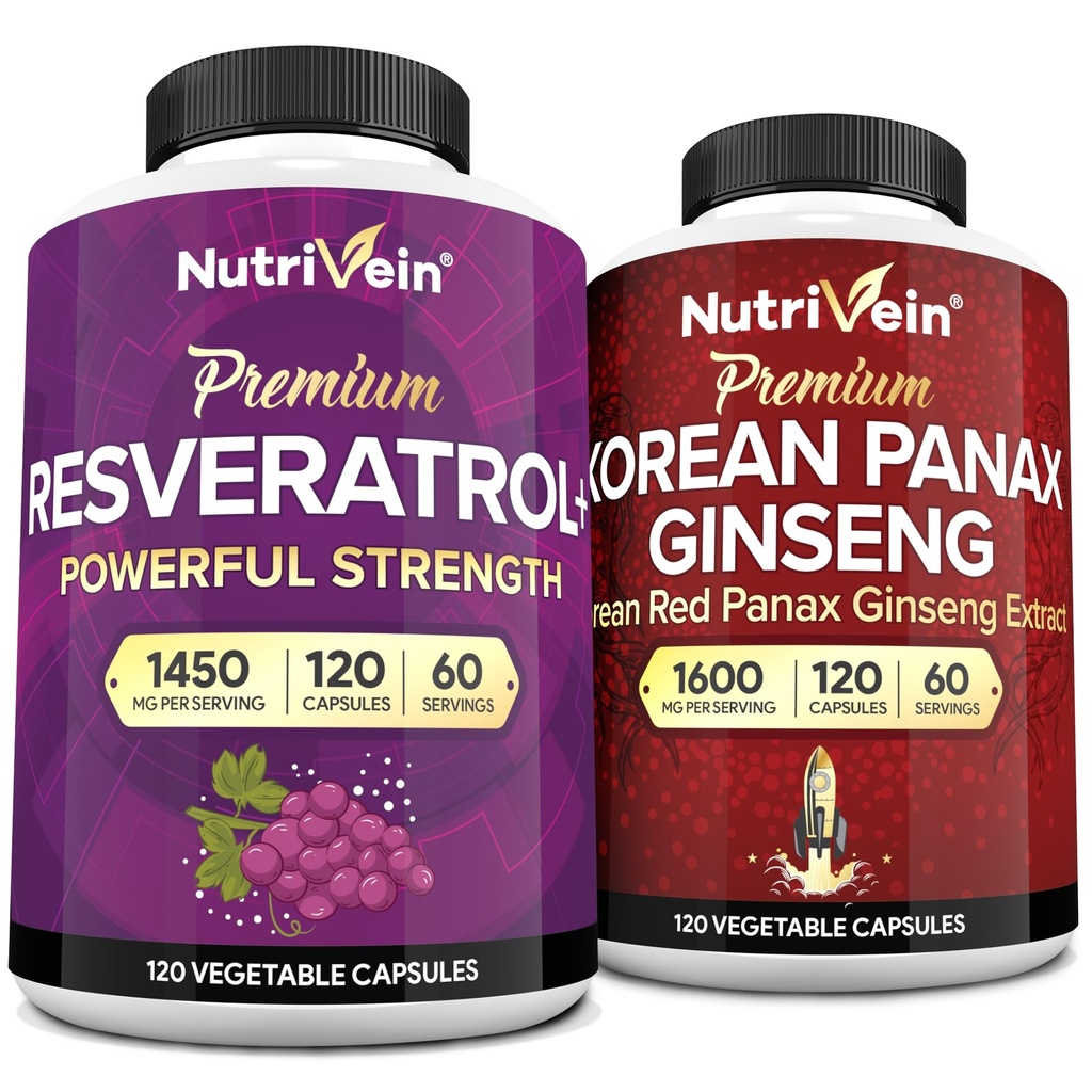 Nutrivein Premium Korean Panax Ginseng 보충교재 & Resveratrol 보충교재 뭉치: 뇌, 방위, 수선 및 활력을 위한 높 흡수 Resveratrol 캡슐 & Ginseng
