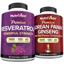 Nutrivein Premium Korean Panax Ginseng 보충교재 & Resveratrol 보충교재 뭉치: 뇌, 방위, 수선 및 활력을 위한 높 흡수 Resveratrol 캡슐 & Ginseng