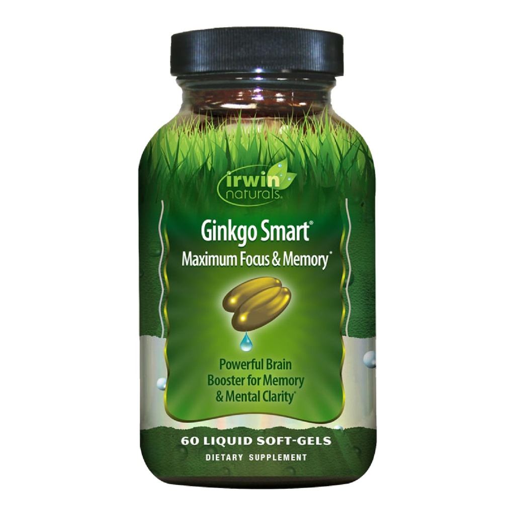 Irwin Naturals Ginkgo 스마트 강력한 Nootropic Brain Booster - DMAE, Clubmoss, Choline 및 Acetyl L-Carnitine과 최대 메모리, 초점 및 정신적 Clarity 지원 - 60 액체 Softgels
