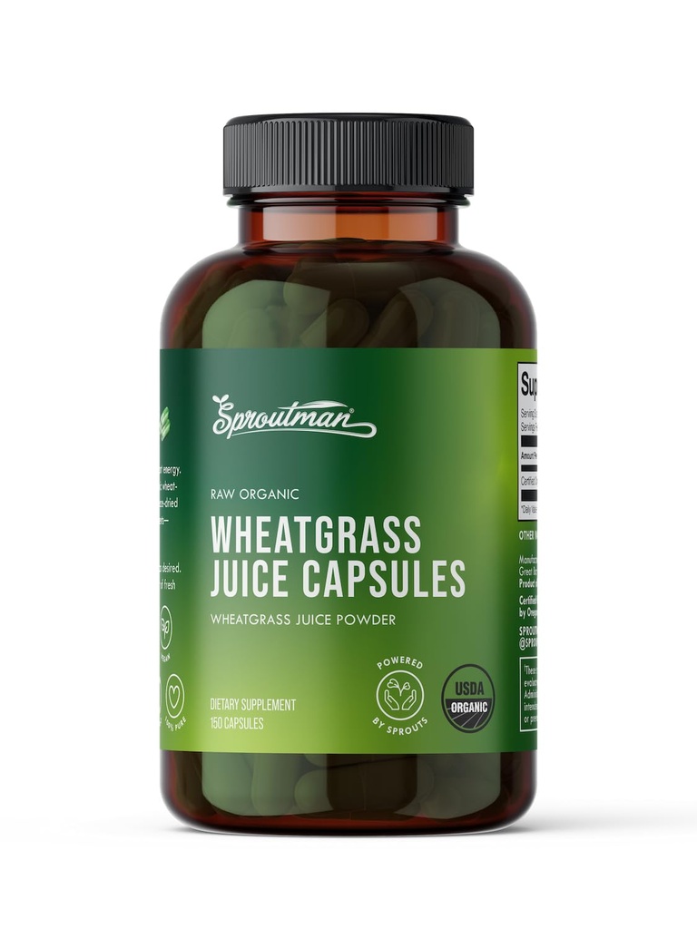 Sproutman - 100 % 순수 Wheatgrass - Aids Digestion - 비타민, 산화제, Chlorophyll, 효소, 미네랄 및 에너지 (150 알약)의 유기 Wheatgrass 주스 분말 캡슐