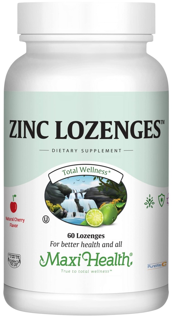 Maxi-Health 아연 Lozenges - 아연 시트레이트 10mg - 비타민 C - 체리 맛 - 60 Chewables - 코셔