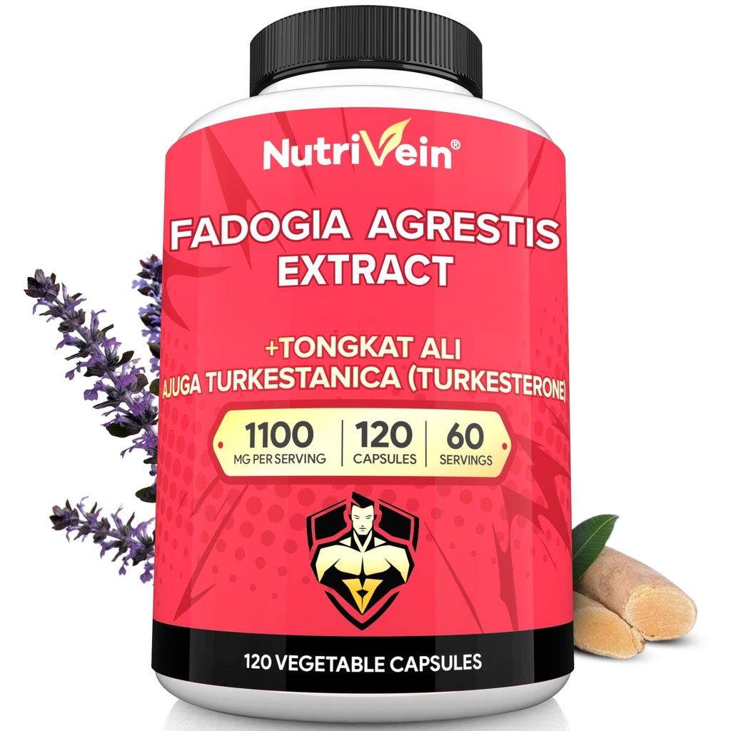 Nutrivein 프리미엄 Fadogia Agrestis 및 Turkesterone과 Tongkat Ali 보충 - 1100 mg - 120 모자 - 성능, 강도 및 모든 연령의 남성 및 여성을위한 Synergistic 혼합