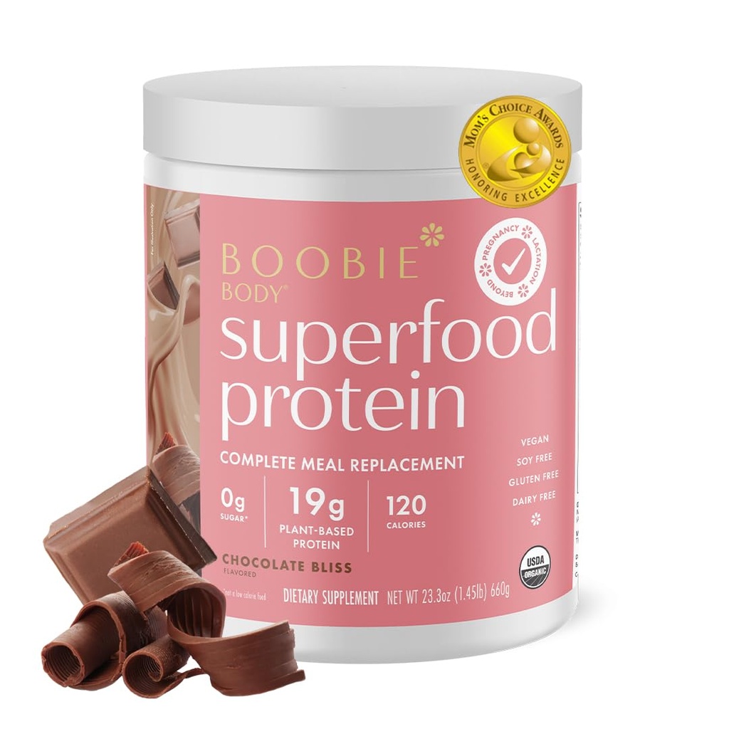 보로비 바디 수퍼 푸드 단백질 임신 및 후반 식사 보충 샤크, 초콜릿 블리스 맛 | 19g Protein | 수유 및 어미를 위한 안전 | 유기, 채식주의자, 영 설탕, 1 통 (20 인분)