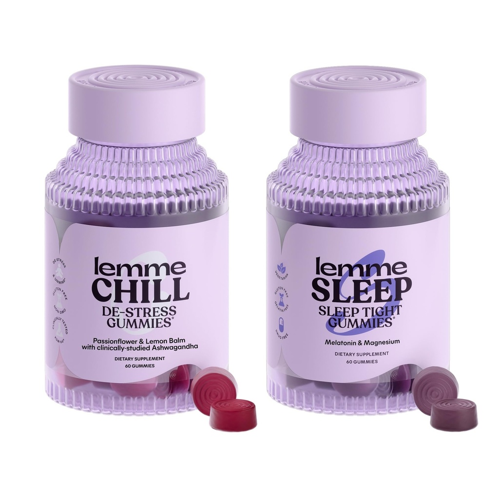 Lemme Chill & Sleep Bundle - KSM-66 Ashwagandha & Melatonin 및 Magnesium과의 스트레스 완화 구미 - Gluten-Free 및 Non-GMO (각종 팩 2)