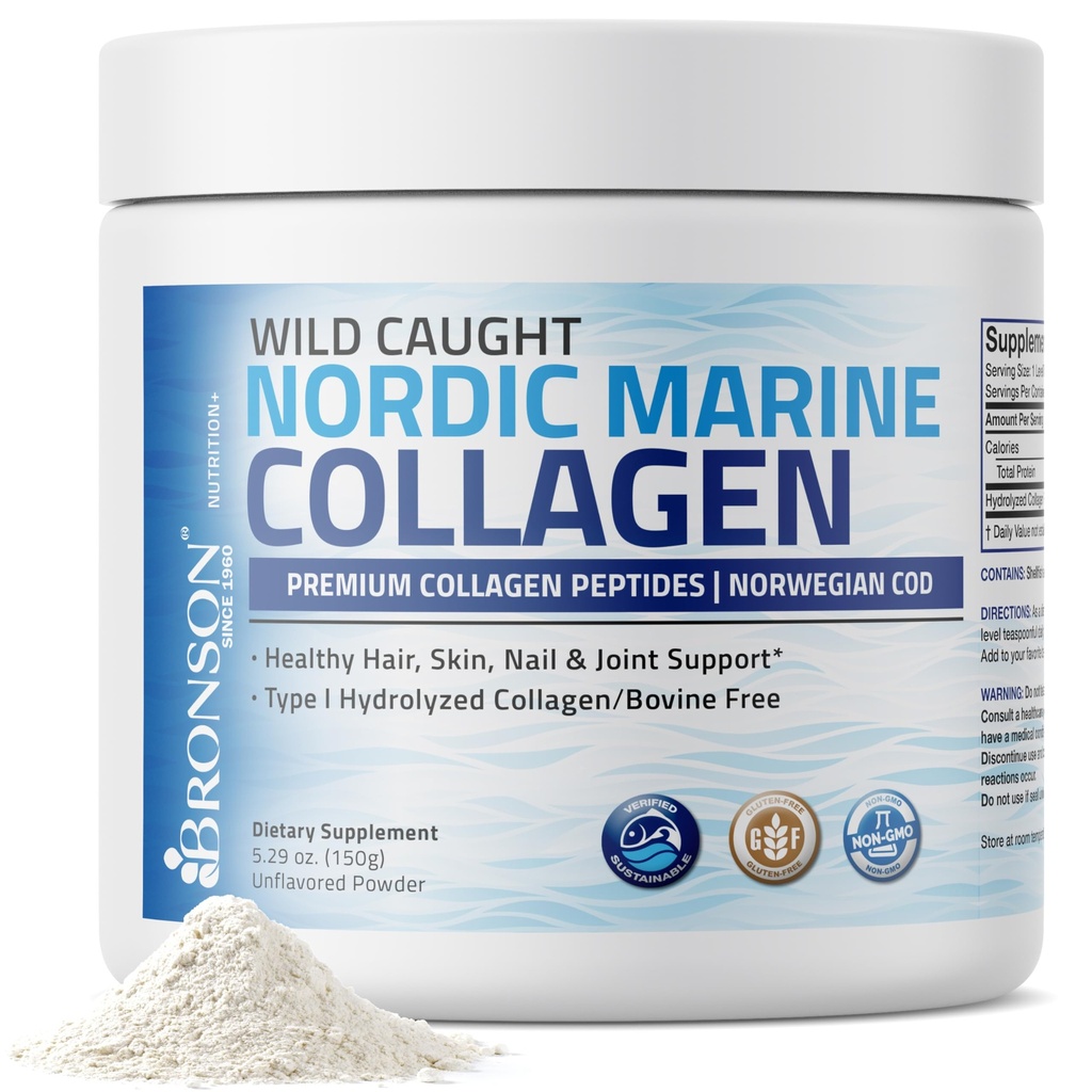 Bronson Marine Collagen Peptides Hydrolyzed Protein Powder 100 % Wild Caught Nordic Cod Verified Sustainable Source for Joint Skin Hair Nails & Bones 150g (5.29oz)